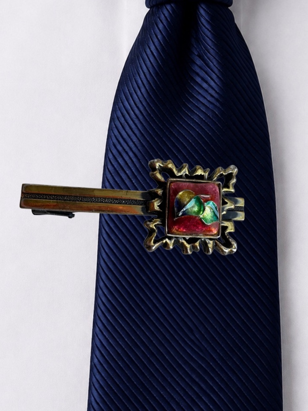 Vintage Japanese Cloisonne Tie Clip Red Green Enamel Floral Ornate Bar 2.25in